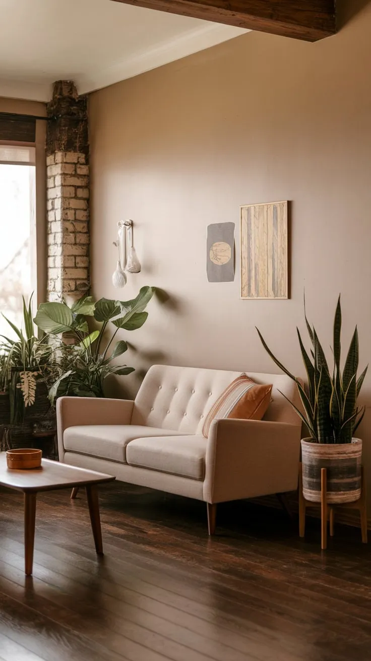 A mid-century modern living room blends cabincore charm with soft beige walls and dark wood floors for a relaxing atmosphere.