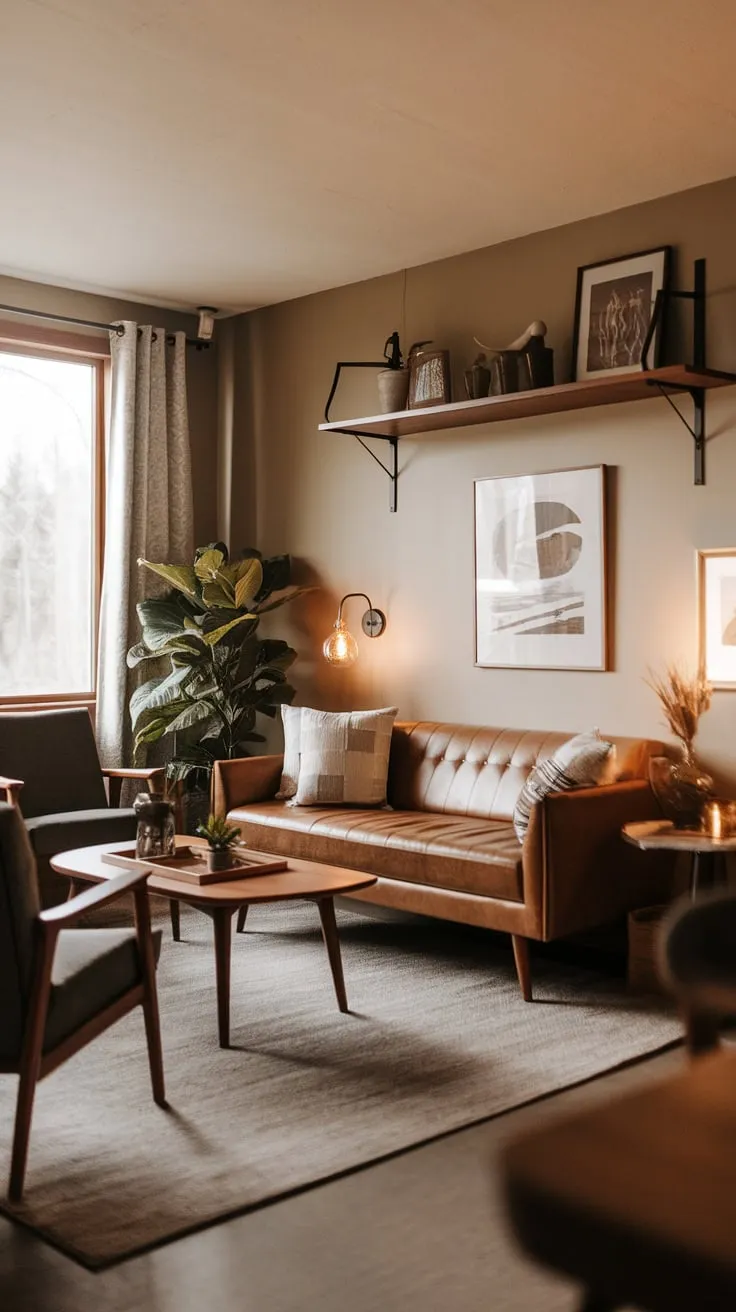 A mid-century modern living room blends cabincore charm with comfortable seating and soft textures for ultimate relaxation.