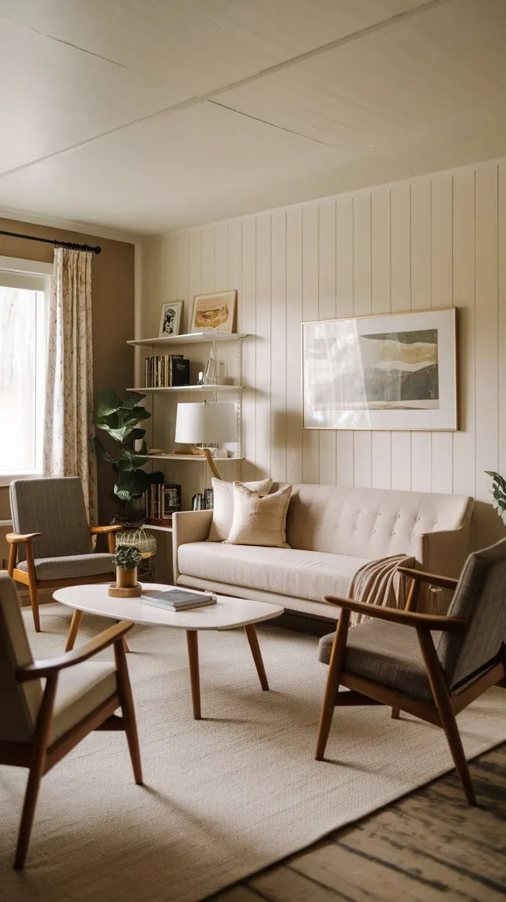 A minimalist modern living room blends cabincore charm with a beige palette and natural wood accents for ultimate comfort.