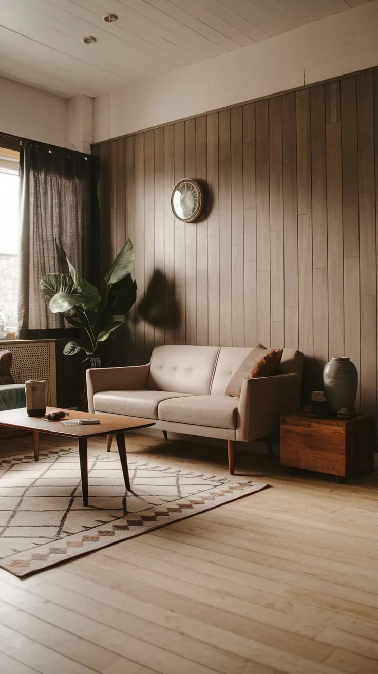 Warm light bathes a minimalist living room featuring mid-century furniture and wood paneling, creating a cozy cabincore atmosphere.