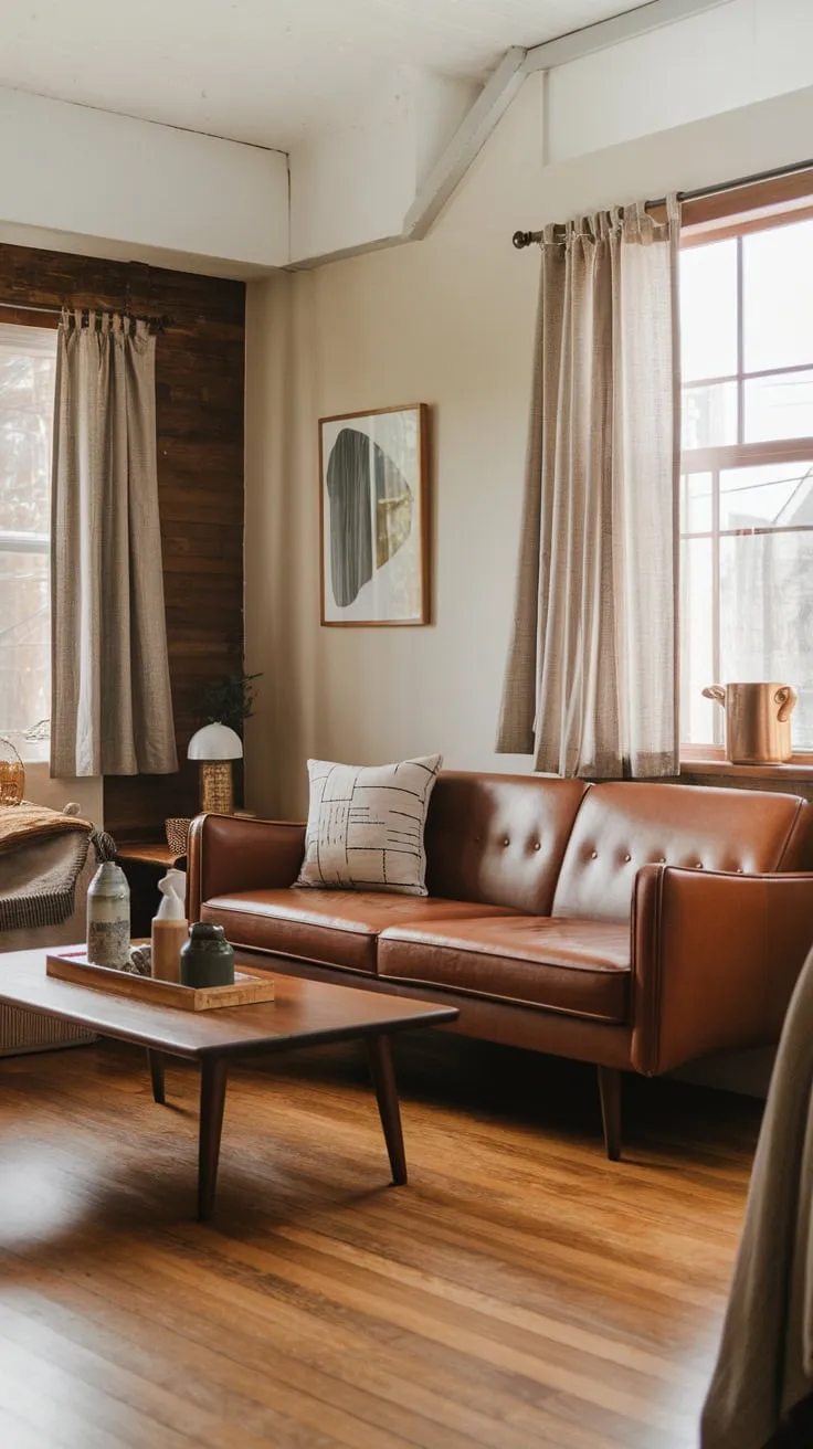 A mid-century modern sofa and wooden accents create a cozy cabincore vibe in a bright, wood-floored living room.