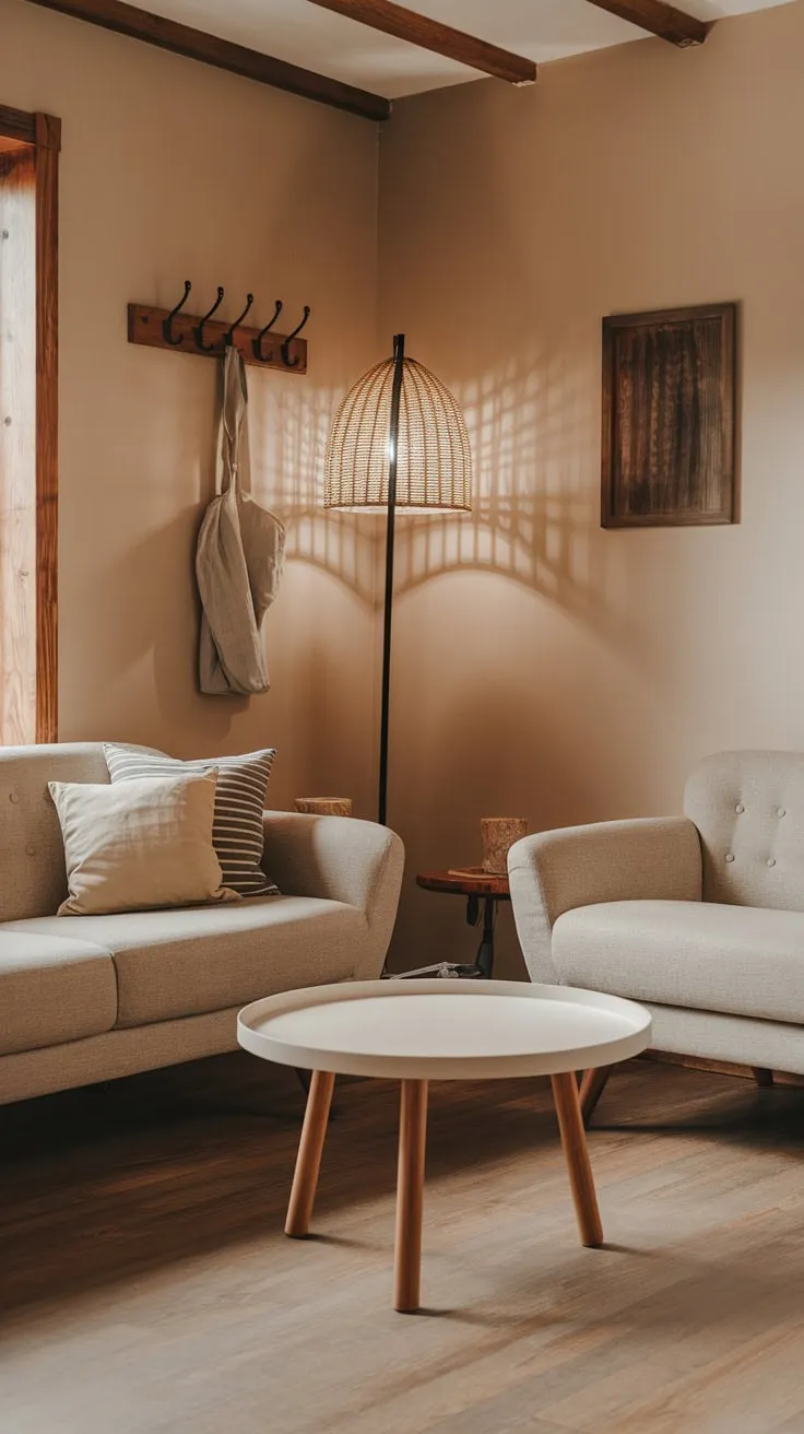 Warm beige walls, a comfy sofa, and natural wood accents create a cozy modern cabin-inspired living room.