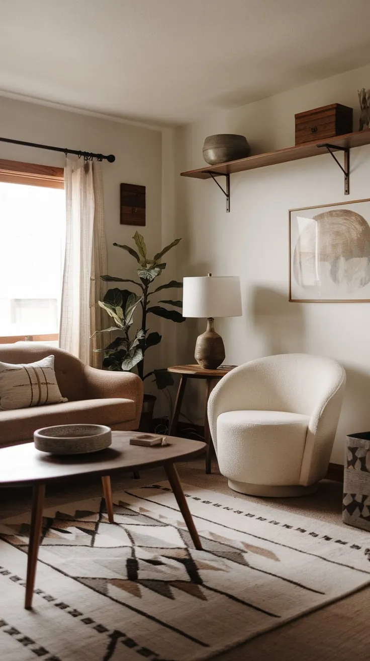 A modern living room blends cabincore charm with mid-century style, creating a cozy space defined by natural wood, geometric patterns, and calming neutrals.