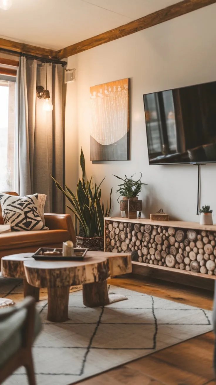 Warm lighting, a mid-century modern sofa, and a log coffee table create a cozy yet stylish cabincore living room.