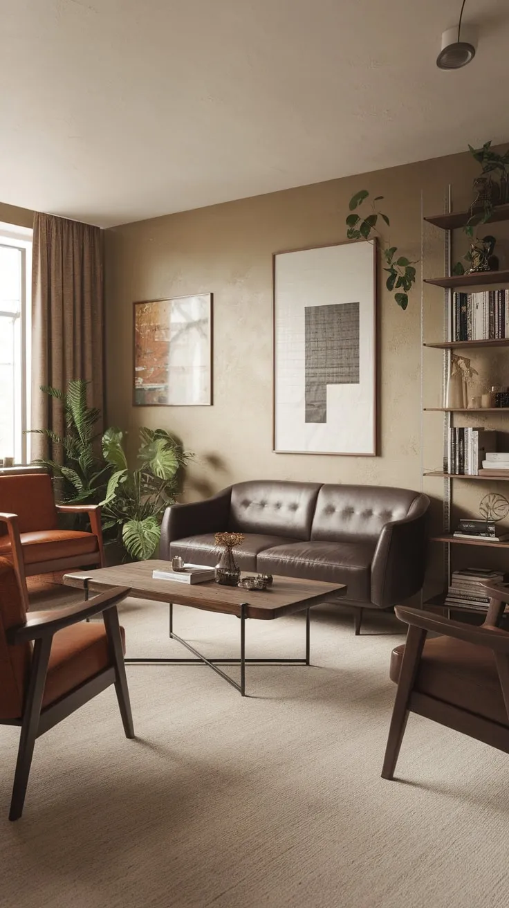 A minimalist mid-century modern living room, bathed in beige hues and accented with wood and greenery, offers a cozy and inviting atmosphere.