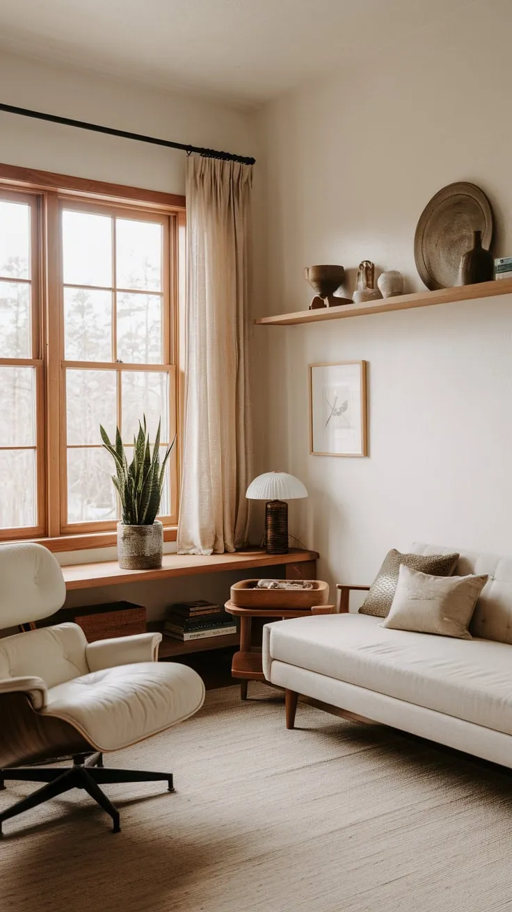 A minimalist mid-century modern living room, bathed in natural light and featuring warm wood accents, creates a cozy cabincore atmosphere.