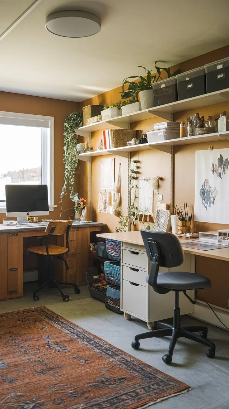 Where creativity meets productivity! This craft home office seamlessly blends a dedicated desk for home office work with a separate space for artistic expression, showcasing clever small office studio ideas.  The craft room desks and storage solutions maximize space, while the artist's room decor and natural light create an inspiring home office creative space, perfect even for an art space in apartment living.  The computer and art desk setup is ideal for those who need both a desk for home office tasks and a creative haven.