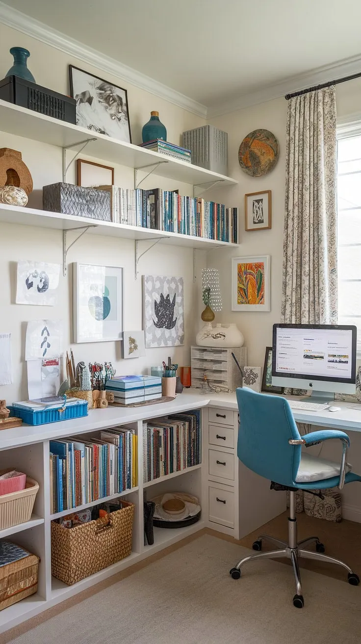 This home office creative space is a dream come true!  A functional desk for home office tasks sits alongside a vibrant collection of art supplies, showcasing the perfect balance between work and passion.  The art space in apartment is maximized with thoughtful craft room desks and storage, making this home office artist studio a truly inspiring small office studio ideas.