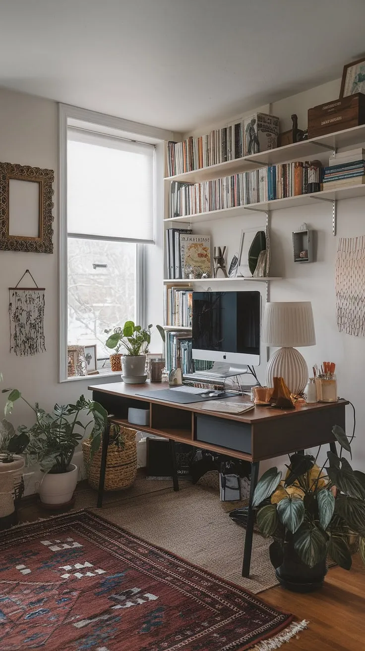 Sunlight streams into this craft home office, illuminating a perfectly organized computer and art desk.  Small office studio ideas come alive with clever craft room desks and storage solutions, showcasing a home office artist studio brimming with inspiration.  The artist's room decor, including the thoughtfully curated bookshelf, completes this art space in apartment, a true home office creative space.