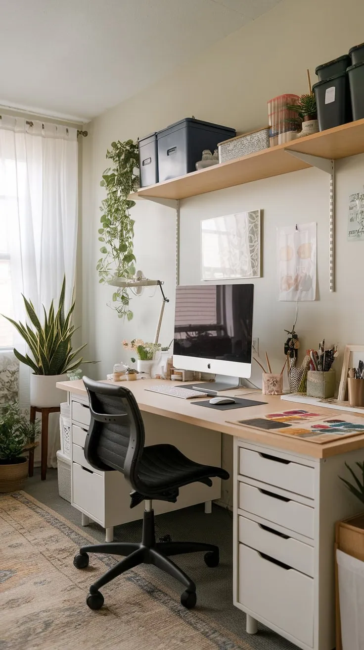 My craft home office, a haven of creativity where small office studio ideas meet practicality.  The computer and art desk is perfect for juggling projects, while clever craft room desks and storage keeps everything organized. This artist's room decor, nestled in my apartment, proves that an art space in apartment living is entirely achievable.  A desk for home office doesn't have to be boring! This home office creative space is my happy place.