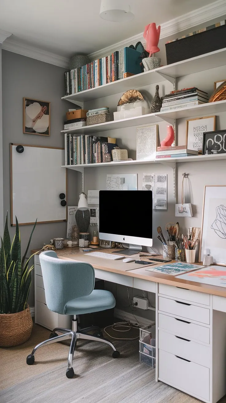 Transforming a small space into a haven of creativity: this craft home office seamlessly blends work and passion.  Clever craft room desks and storage solutions maximize functionality, while artist's room decor adds personality.  The computer and art desk is the perfect setup for any home office artist studio, showcasing small office studio ideas that inspire.  This art space in apartment proves that a dedicated desk for home office can be both productive and aesthetically pleasing, a true home office creative space.