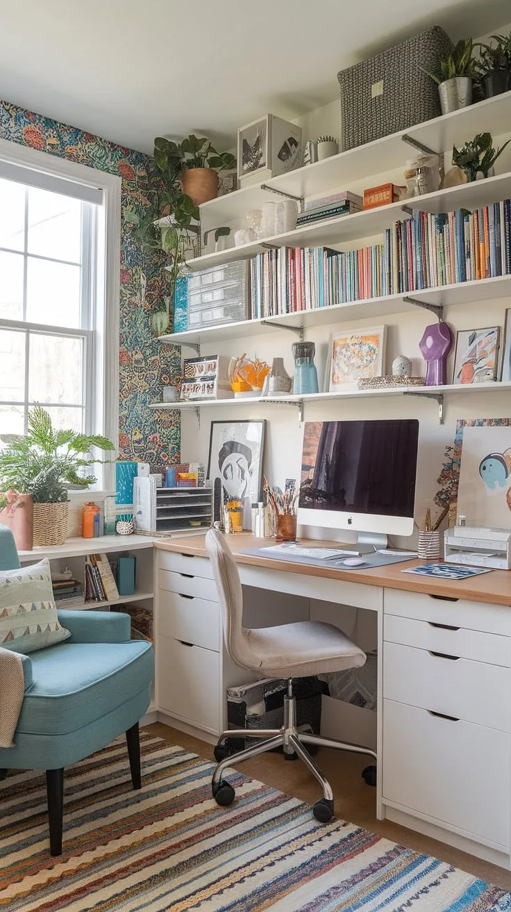 Transform your apartment into a vibrant home office artist studio with this small office studio idea.  This craft home office boasts clever craft room desks and storage solutions, a computer and art desk perfect for creative flow, and artist's room decor that inspires.  Natural light floods the space, making it the ideal home office creative space.