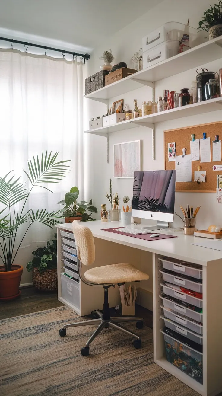 Transform your apartment into a home office creative space with this inspiring setup.  This home office artist studio showcases smart craft room desks and storage, making the most of a small footprint. The computer and art desk is perfect for juggling projects, while the artist's room decor adds a touch of personality.  Find your perfect small office studio ideas here – a haven for creativity.