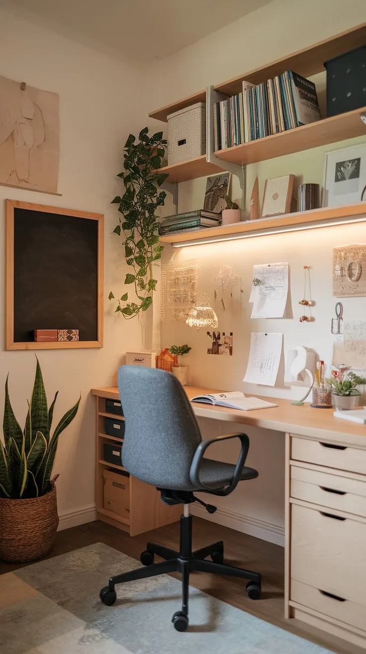Find your flow in this cozy craft home office.  This art space in apartment showcases smart small office studio ideas, blending a desk for home office work with dedicated space for your artistic pursuits.  The craft room desks and storage solutions keep everything organized, while the artist's room decor adds a touch of personal flair to this home office creative space.
