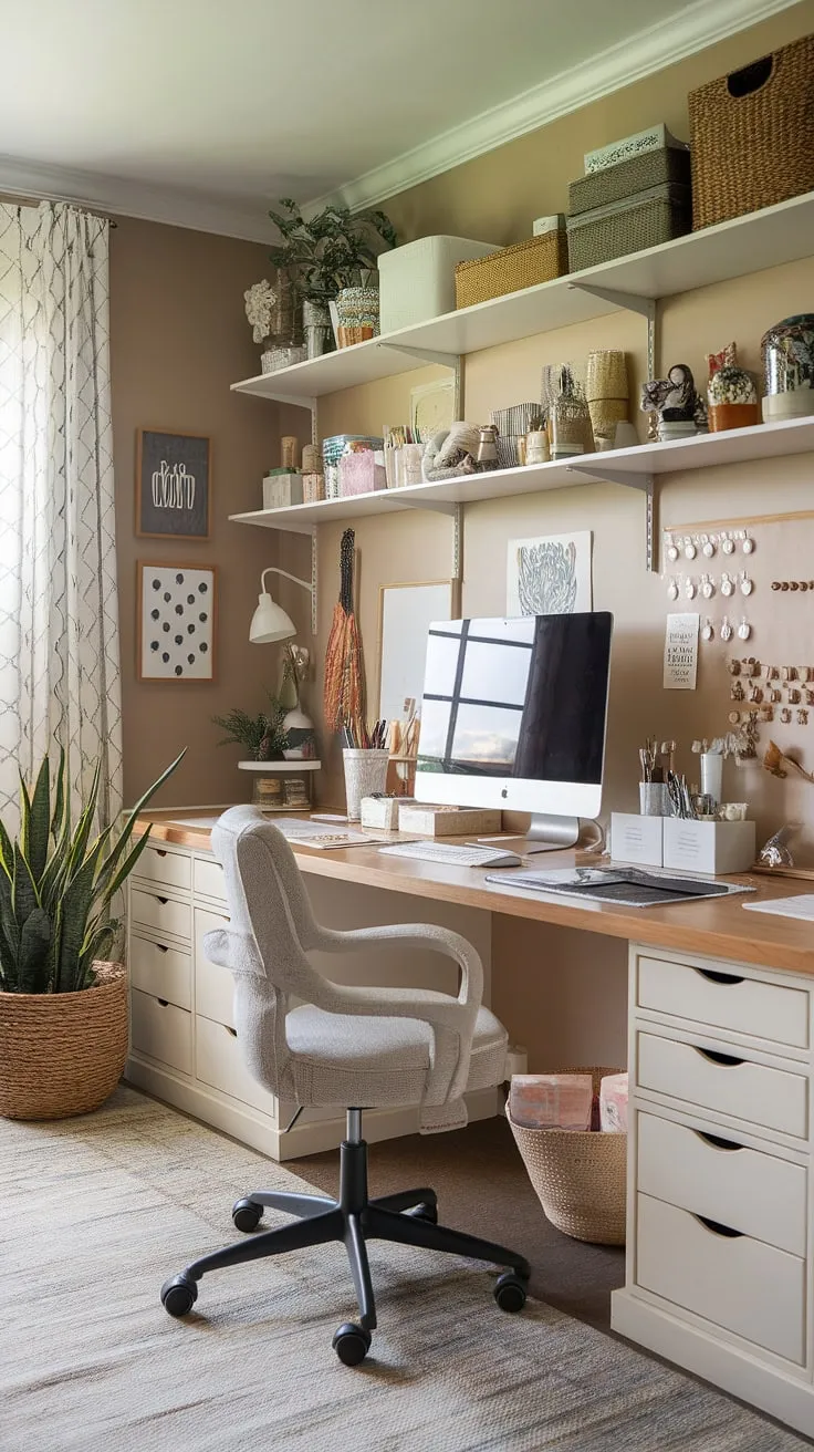 My home office creative space is finally complete! This desk for home office is the perfect blend of functionality and inspiration.  I love how the craft room desks and storage solutions keep everything organized, leaving plenty of room for my art supplies.  These small office studio ideas helped me maximize my space, creating a home office artist studio I adore.  The artist's room decor adds the perfect finishing touch to my art space in apartment.