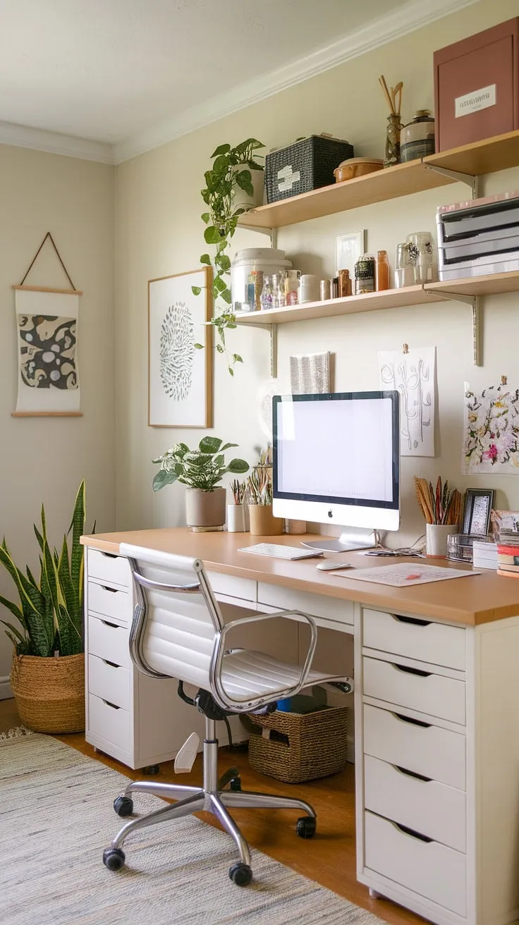 Transforming a small space into a haven of creativity: this craft home office seamlessly blends functionality and artistry.  Clever craft room desks and storage solutions maximize space, while the computer and art desk keeps workflow efficient. Perfect small office studio ideas for the home office artist studio, showcasing artist's room decor that inspires.  An art space in apartment living, this home office creative space proves that big ideas don't need big rooms.