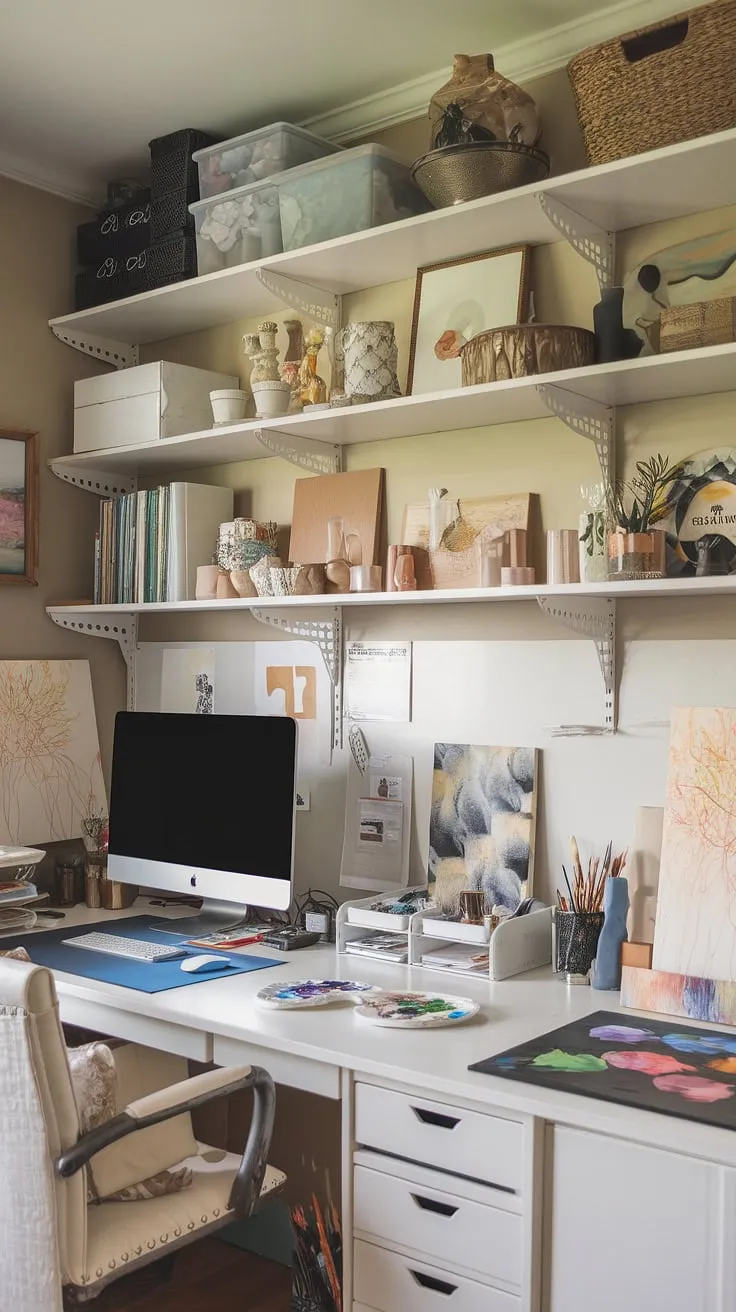My dream home office artist studio is complete! This small office studio ideas project shows how a desk for home office can easily become a haven for creativity.  The craft room desks and storage keep everything organized, leaving plenty of room for canvases and paintbrushes.  The perfect blend of computer and art desk, this artist's room decor is my happy place.