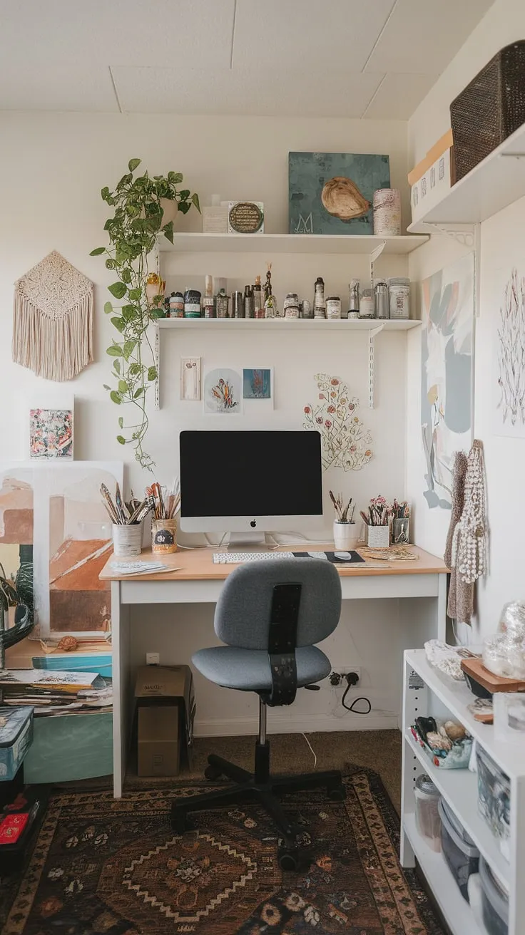 My craft home office, a haven of creativity where inspiration flows freely.  This small office studio ideas setup perfectly blends my love for art and work, showcasing smart craft room desks and storage solutions.  The computer and art desk is my command center, surrounded by artist's room decor that sparks joy.  A perfect art space in apartment living!