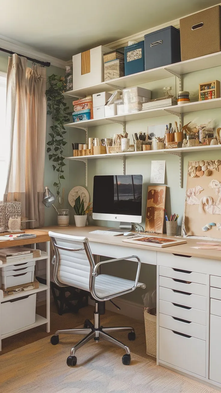 Transform your apartment into a haven of creativity with this small office studio idea.  This craft home office seamlessly blends a desk for home office work with a dedicated art space, featuring craft room desks and storage solutions for all your supplies. The computer and art desk setup makes multitasking a breeze, while the artist's room decor adds a touch of personal flair to your home office creative space.