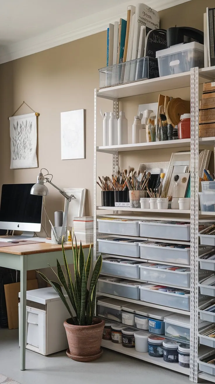 My home office creative space: a craft home office where productivity meets artistic expression.  This computer and art desk setup, complete with craft room desks and storage, is the perfect blend of functionality and inspiration.  Find more small office studio ideas for your own artist's room decor, even in a compact apartment.  A dedicated desk for home office, designed for creativity.