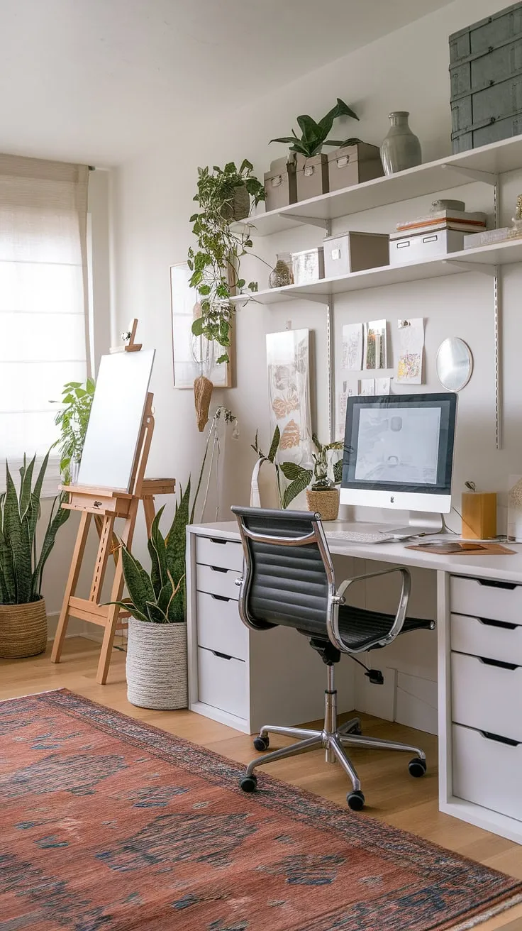 Maximize your space and creativity with this inspiring craft home office.  Small office studio ideas come alive in this design, seamlessly blending a desk for home office work with a dedicated art space.  Craft room desks and storage solutions keep everything organized, while artist's room decor adds personality. This home office artist studio proves that a computer and art desk can coexist beautifully, even in a compact art space in apartment.  The home office creative space is a haven for productivity and artistic expression.