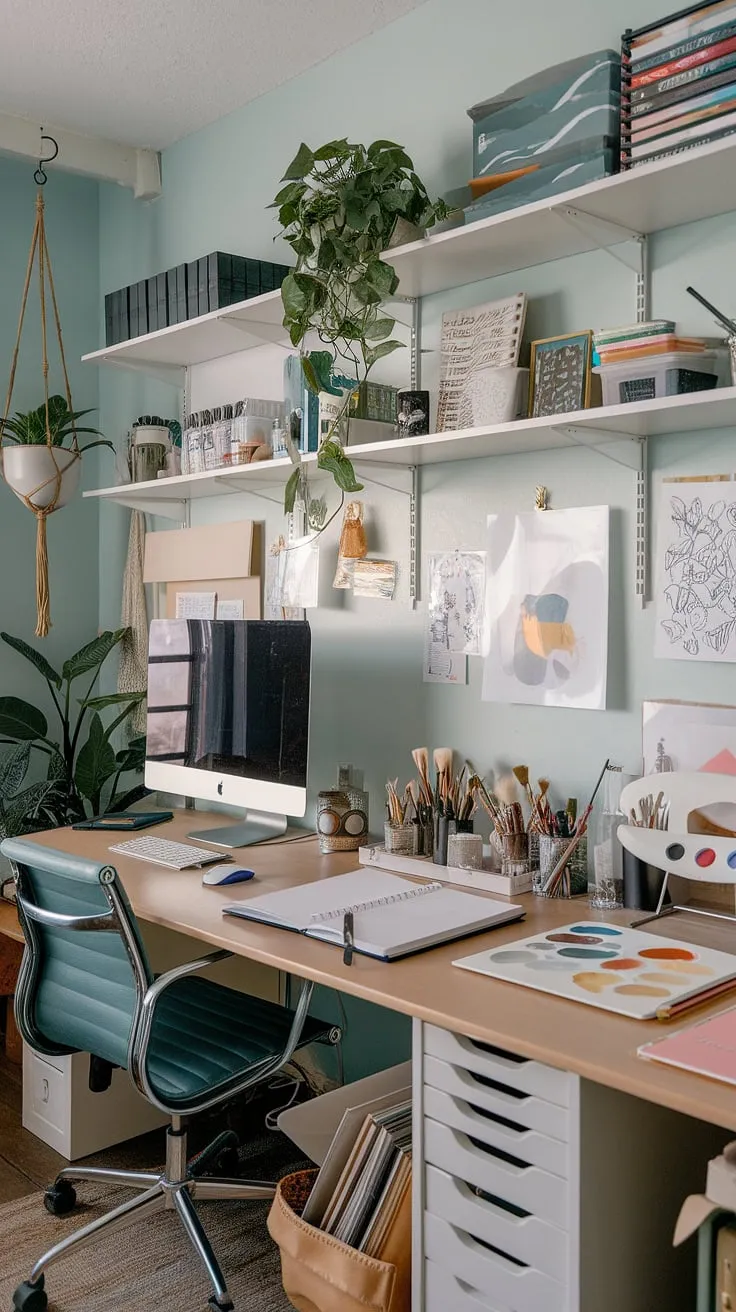 Transforming a small space into a vibrant home office artist studio.  These small office studio ideas demonstrate how efficient craft room desks and storage can create a functional and inspiring artist's room decor.  My computer and art desk setup is the heart of this art space in apartment, a perfect blend of work and creative flow.  It's more than just a desk for home office; it's a home office creative space where imagination thrives.