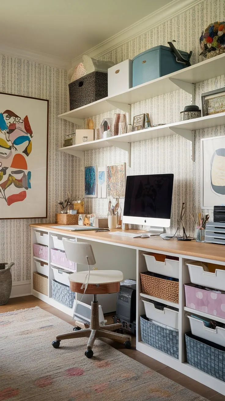 Transform your apartment into a haven of creativity with this home office artist studio.  This small office studio ideas showcase smart craft room desks and storage, making the most of a compact space.  The computer and art desk is perfect for balancing work and artistic pursuits, while the artist's room decor elevates this art space in apartment to a truly inspiring home office creative space.  A stylish and functional desk for home office, this craft home office is a dream come true.
