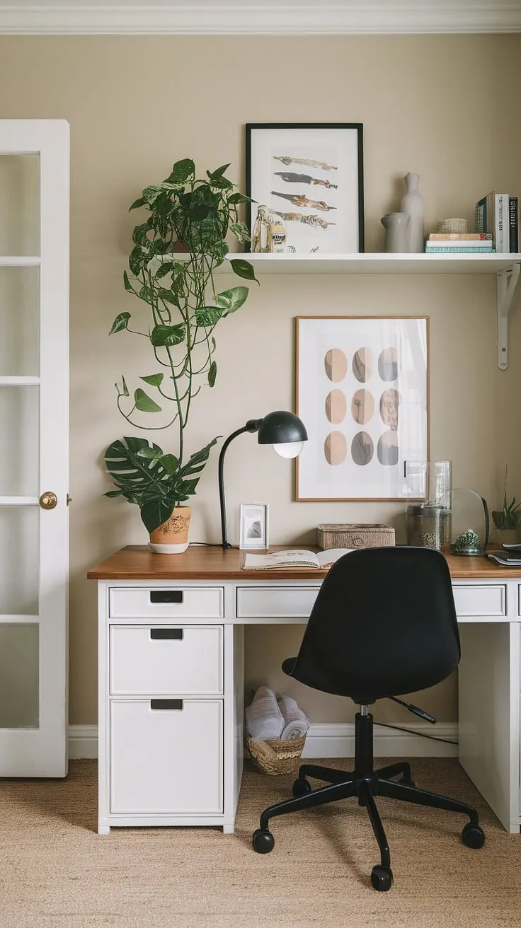 This craft home office, a perfect example of small office studio ideas, seamlessly blends functionality and style. The white desk for home office, paired with a black chair, provides a clean workspace, while the shelf offers clever craft room desks and storage solutions.  The green plant and lamp add warmth to this home office creative space, making it an inspiring home office artist studio and art space in apartment.  A computer and art desk combination, ideal for any artist's room decor.