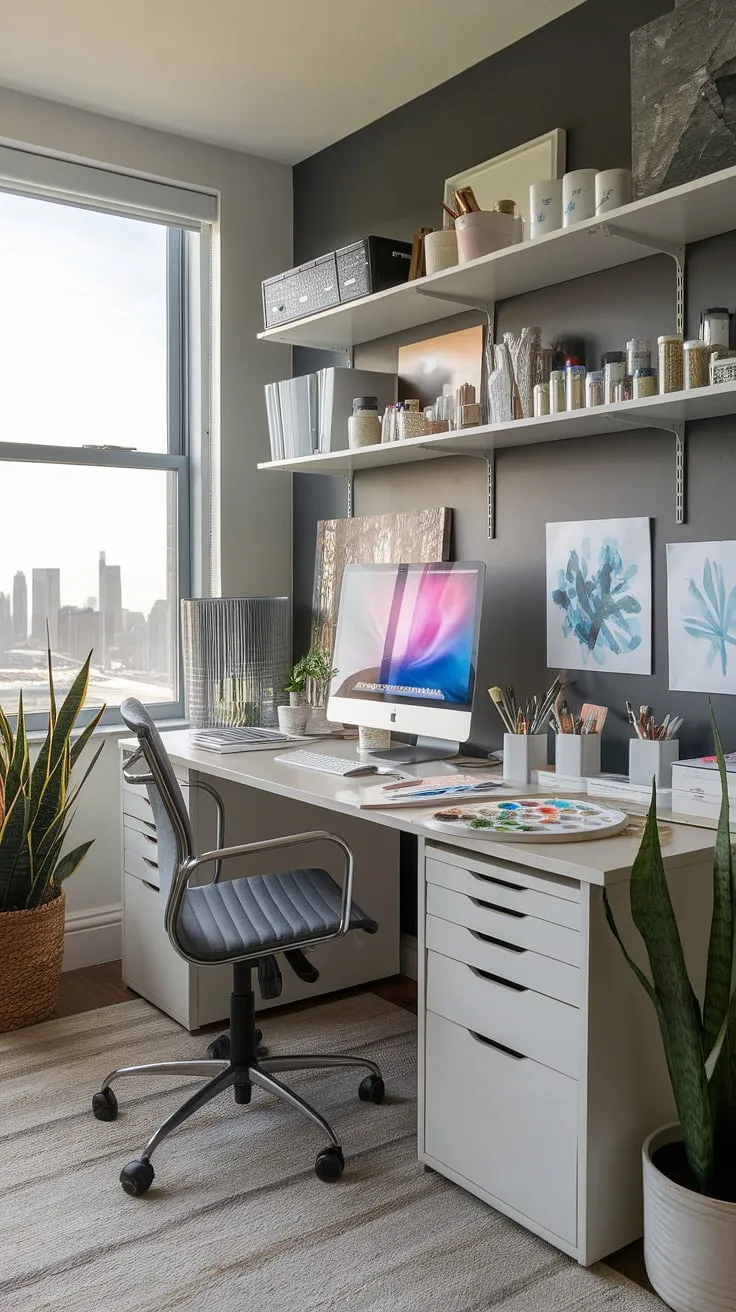Transforming a small space into a home office artist studio. This craft home office showcases smart small office studio ideas, featuring a computer and art desk, craft room desks and storage, and artist's room decor that elevates the space. The city skyline view from the window is the perfect inspiration for my art, making this desk for home office my favorite home office creative space.
