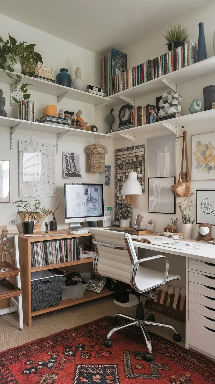 Transform your apartment into a vibrant home office artist studio. This inspiring space showcases smart small office studio ideas, featuring a functional desk for home office tasks alongside a dedicated art desk.  Clever craft room desks and storage maximize space, while thoughtful artist's room decor creates a truly creative atmosphere.  The perfect blend of practicality and inspiration for any home office creative space.