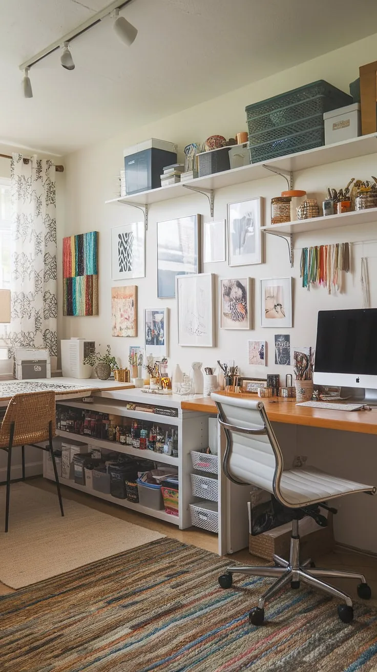 Transform your apartment into a haven of creativity with this small office studio idea.  This craft home office seamlessly blends a desk for home office work with a dedicated art desk, maximizing space and inspiring productivity.  Clever craft room desks and storage solutions keep your supplies organized, while the artist's room decor, including a gallery wall showcasing your work, adds personality to this home office creative space.  The perfect computer and art desk setup for any home office artist studio.