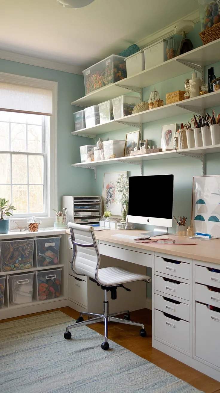 Transforming a small space into a haven of creativity: this craft home office boasts clever craft room desks and storage solutions, seamlessly blending a desk for a home office with a dedicated home office artist studio.  The soft blue walls and natural light create the perfect artist's room decor, making it an ideal art space in apartment living.  This small office studio idea proves that a computer and art desk can coexist beautifully in a home office creative space.