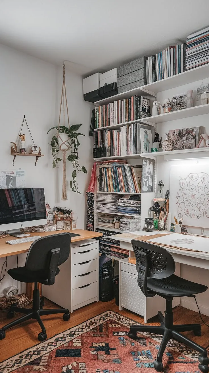 This home office creative space seamlessly merges work and artistry.  The computer and art desk arrangement is a brilliant solution for small office studio ideas, showcasing smart craft room desks and storage.  Notice the artist's room decor—a thoughtful touch in this art space in apartment.  A functional desk for home office, this craft home office is a testament to efficient design.