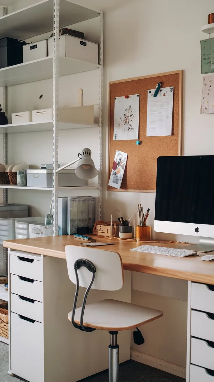 Transforming a small space into a haven of creativity: this craft home office seamlessly blends functionality and artistry.  The computer and art desk provides the perfect workspace, while clever craft room desks and storage solutions maximize space.  Ideal small office studio ideas for the home office artist studio, this artist's room decor showcases how to create an inspiring art space in apartment living.