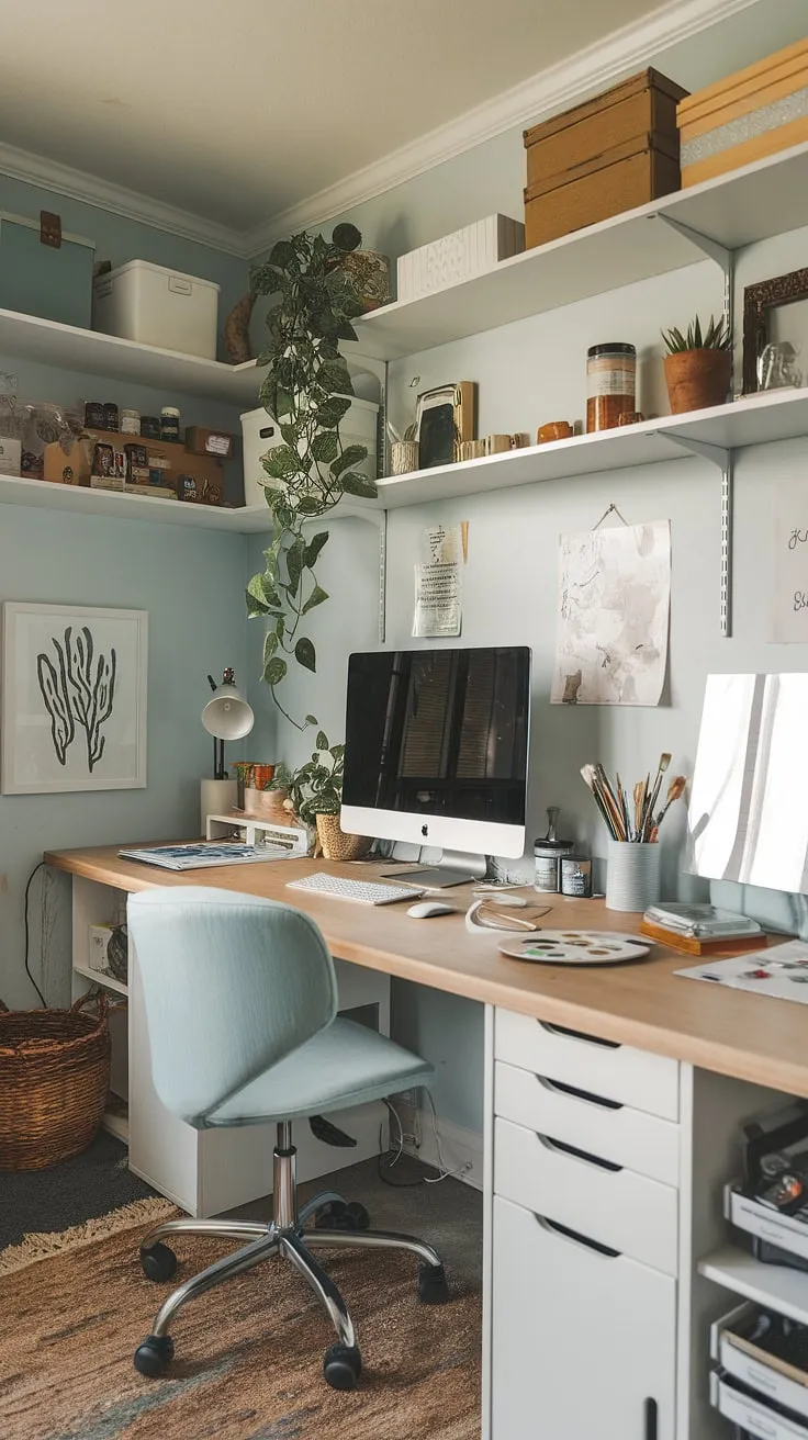 Where creativity meets productivity. This craft home office, a perfect example of small office studio ideas, seamlessly blends a desk for a home office with a dedicated home office artist studio.  The computer and art desk share space, surrounded by craft room desks and storage solutions, while artist's room decor adds personality.  A haven of inspiration, this art space in apartment living proves that a home office creative space can be both functional and beautiful.