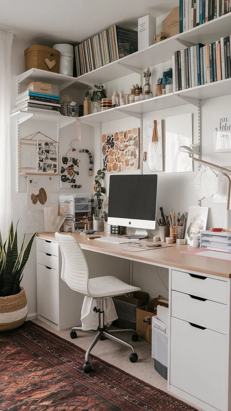Transform your apartment into a haven of creativity with this small office studio idea.  This craft home office seamlessly blends functionality and artistry, featuring a computer and art desk perfect for both work and inspiration.  Clever craft room desks and storage solutions maximize space, while the artist's room decor adds a touch of personality.  Find your flow in this home office creative space, where art supplies are always within reach.
