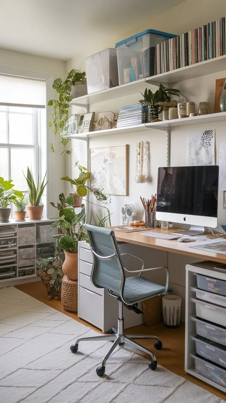 Transform your apartment into a haven of creativity with this small office studio idea.  This craft home office boasts a computer and art desk, perfect for seamlessly blending work and passion.  Clever craft room desks and storage solutions maximize space, while artist's room decor and abundant plants create a vibrant and inspiring home office creative space.