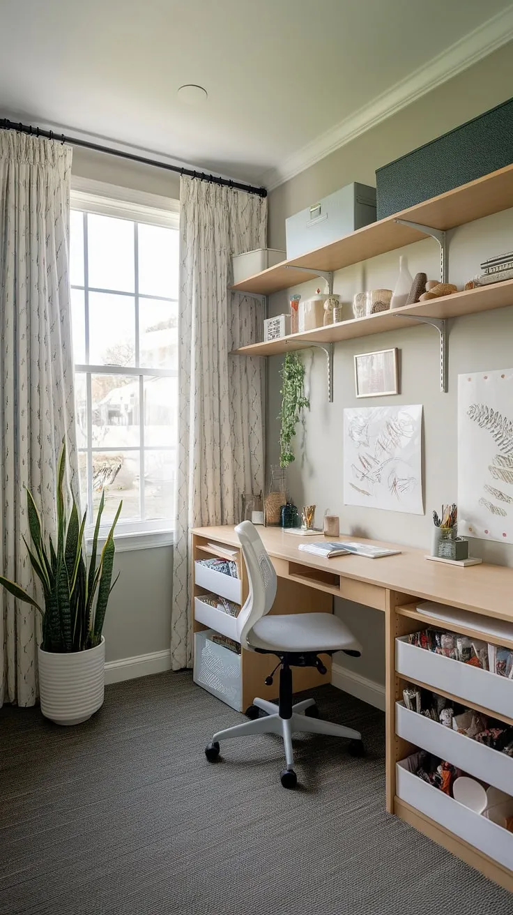 This cozy craft home office, a perfect example of small office studio ideas, seamlessly blends functionality and creativity.  The computer and art desk, nestled amongst craft room desks and storage solutions, provides the ideal home office creative space for any artist.  The artist's room decor, complemented by the large window and a touch of greenery, transforms this art space in apartment into a haven of inspiration.