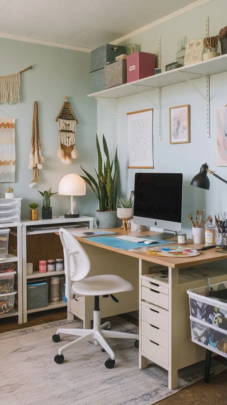 Transforming a small space into a functional and inspiring home office artist studio. This craft home office showcases clever small office studio ideas, featuring efficient craft room desks and storage, a computer and art desk perfect for multitasking, and thoughtful artist's room decor.  Creating this art space in apartment living required careful planning, but the result is a home office creative space that fuels my creativity and productivity.  This desk for home office is my sanctuary.