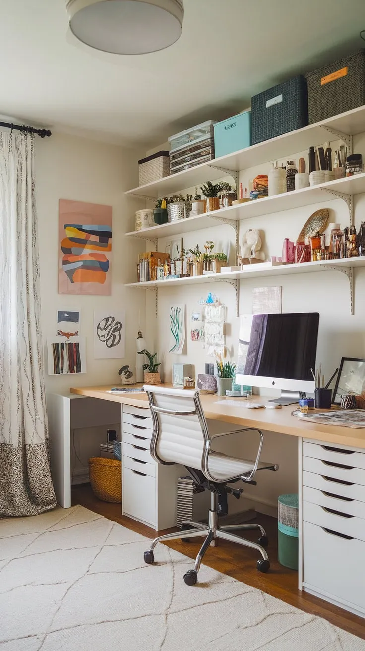 My craft home office is finally complete! This small office studio ideas space perfectly blends my love for art and work.  The computer and art desk sits alongside ample craft room desks and storage, making it the ultimate home office artist studio.  The artist's room decor adds a touch of personality, transforming this art space in apartment into my happy place.