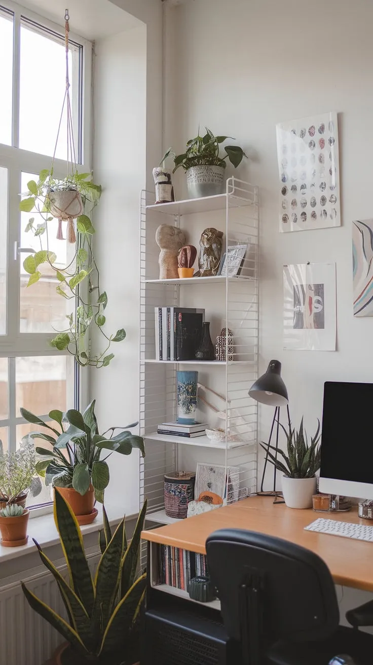 This craft home office seamlessly blends creativity and productivity.  The small office studio ideas implemented here maximize space, showcasing clever craft room desks and storage solutions.  The computer and art desk sits perfectly beneath the window's natural light, inspiring artistic expression.  The artist's room decor, including hanging plants and artwork, completes this art space in apartment, a true home office creative space.