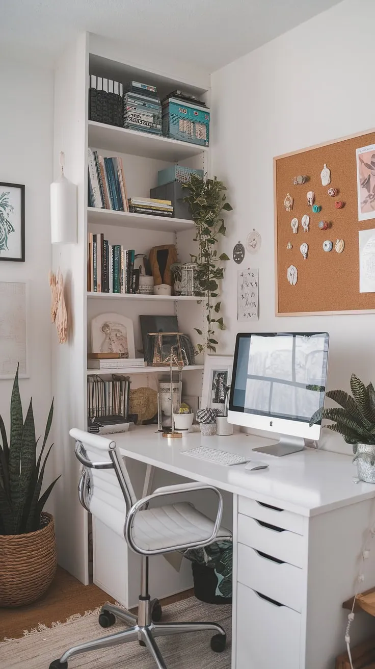 This craft home office, a perfect example of small office studio ideas, seamlessly blends functionality and creativity. The computer and art desk, paired with clever craft room desks and storage solutions, maximizes space.  The artist's room decor, including the corkboard bursting with inspiration, completes this art space in apartment, a haven for artistic expression and focused work.