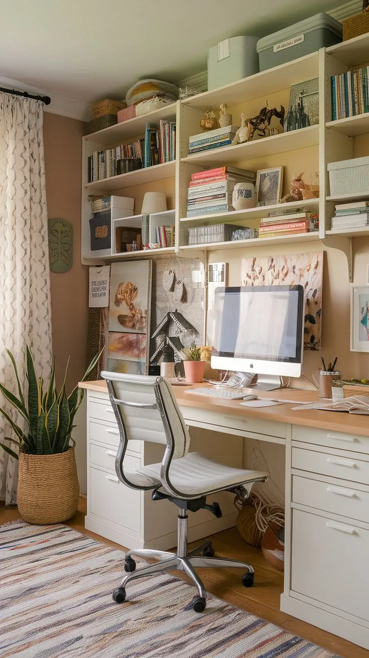 My home office creative space is finally complete!  This craft home office design combines the practicality of a desk for home office with the artistic flair of a home office artist studio.  I love how the craft room desks and storage solutions maximize space, making this small office studio idea perfect for my needs.  The artist's room decor adds a personal touch, while the computer and art desk keeps me organized and productive.  It's the perfect blend of work and inspiration in my art space in apartment.