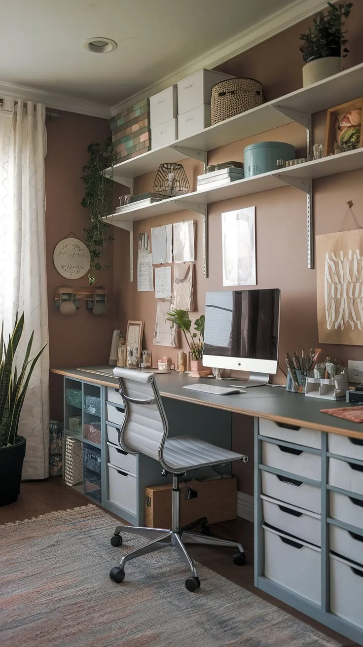 Transform your apartment into a haven of inspiration with this home office creative space.  This desk for home office is a multi-functional marvel, showcasing smart craft room desks and storage.  Perfect for those seeking small office studio ideas, it effortlessly combines a computer and art desk, creating the ultimate home office artist studio with inspiring artist's room decor.