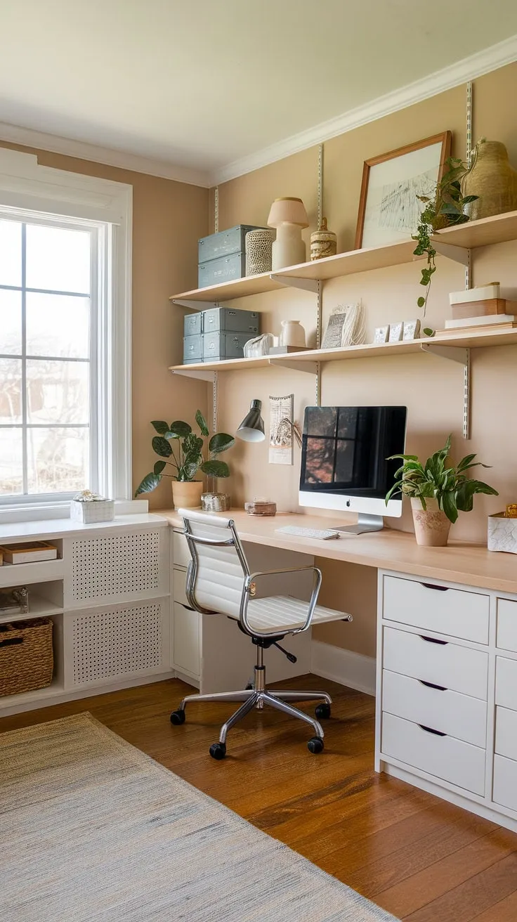 Transform your apartment into an inspiring home office artist studio with this small office studio ideas. This craft room, featuring a computer and art desk, showcases smart craft room desks and storage, maximizing space and style. The artist's room decor and natural light create a serene home office creative space, perfect for both work and artistic pursuits.  This desk for home office is a testament to efficient design.