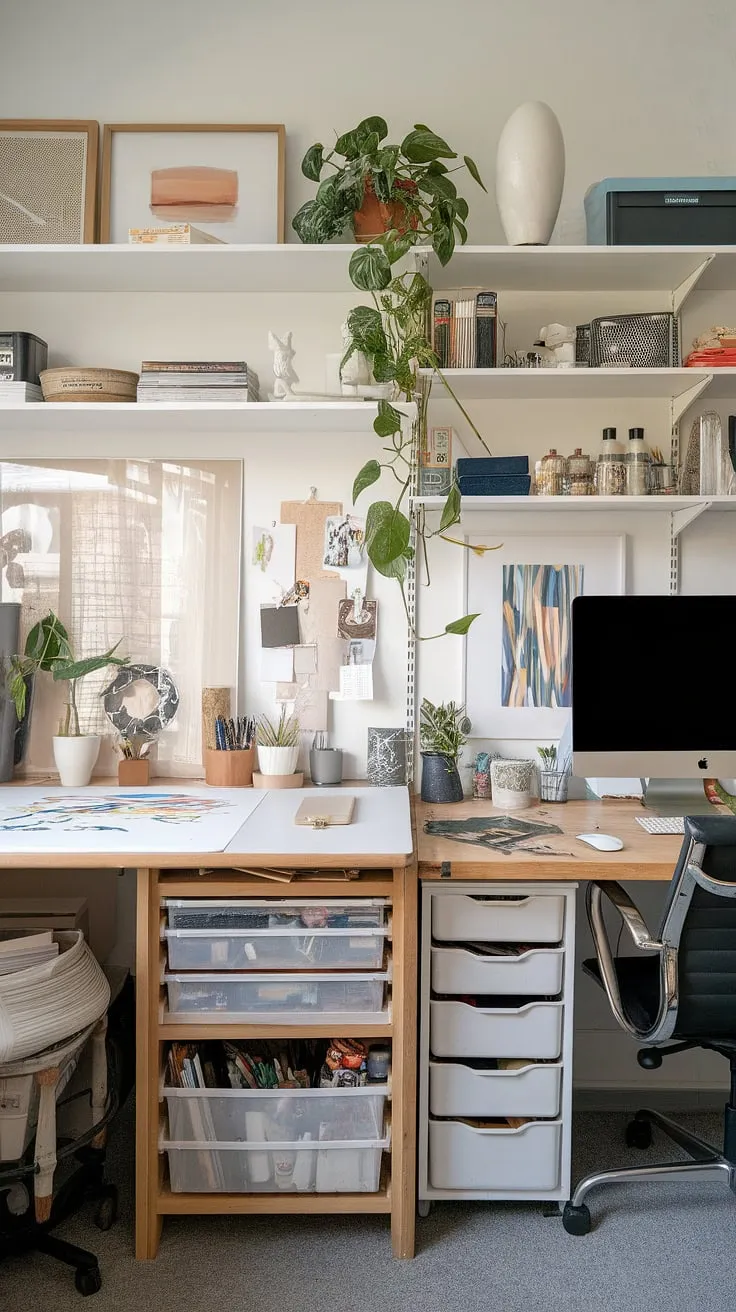This home office artist studio proves that big ideas don't need big spaces.  Smart design features craft room desks and storage, maximizing every inch for both computer work and artistic pursuits.  Discover small office studio ideas that transform a desk for home office into a vibrant home office creative space.  The artist's room decor, complete with art supplies and plants, creates a truly inspiring art space in apartment living.
