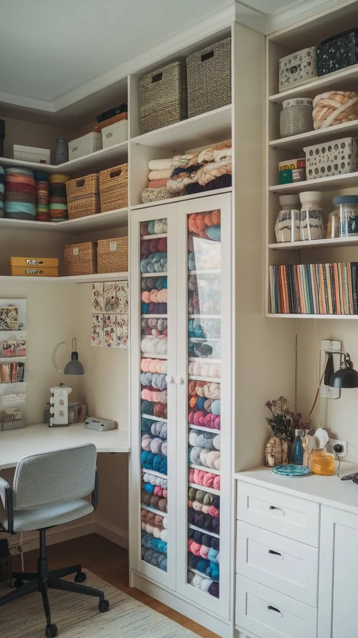 Organized craft room storage using IKEA Bestå components maximizes space and showcases yarn collections.