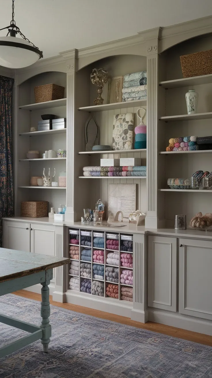 A vintage-inspired craft room boasts a built-in shelving unit with a dedicated yarn cabinet, maximizing storage and showcasing an array of crafting supplies