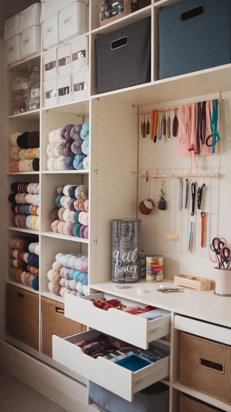 A dreamy craft room boasts IKEA-hacked Kallax cube yarn storage and Eket drawers, neatly organizing all crafting essentials in a calming white and beige palette.