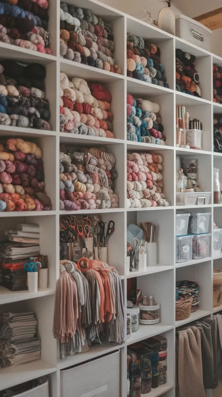 Soft lighting illuminates a meticulously organized craft haven built with IKEA Kallax cubes, showcasing vibrant yarns and an array of crafting essentials.